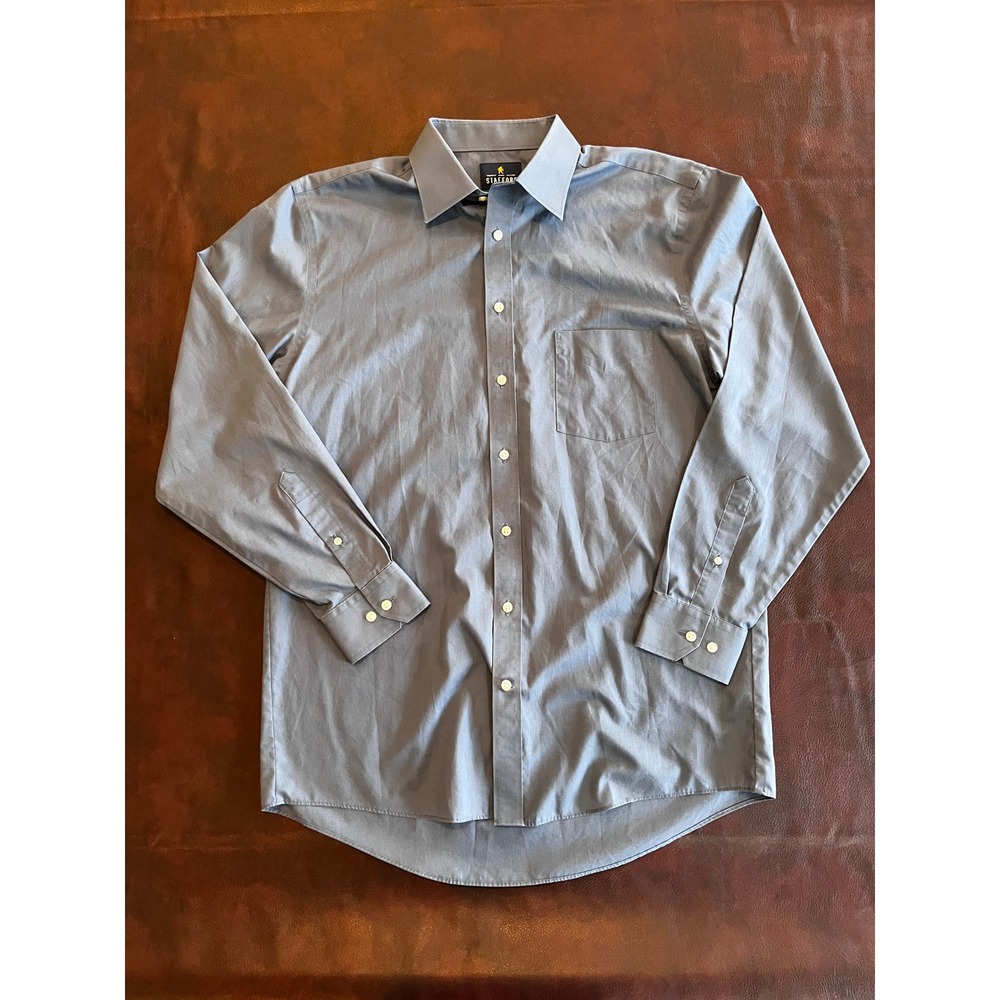 Stafford Travel Mens Dress Shirt 16 34-35 Regular Fit Blue Gray Easy Care Cotton